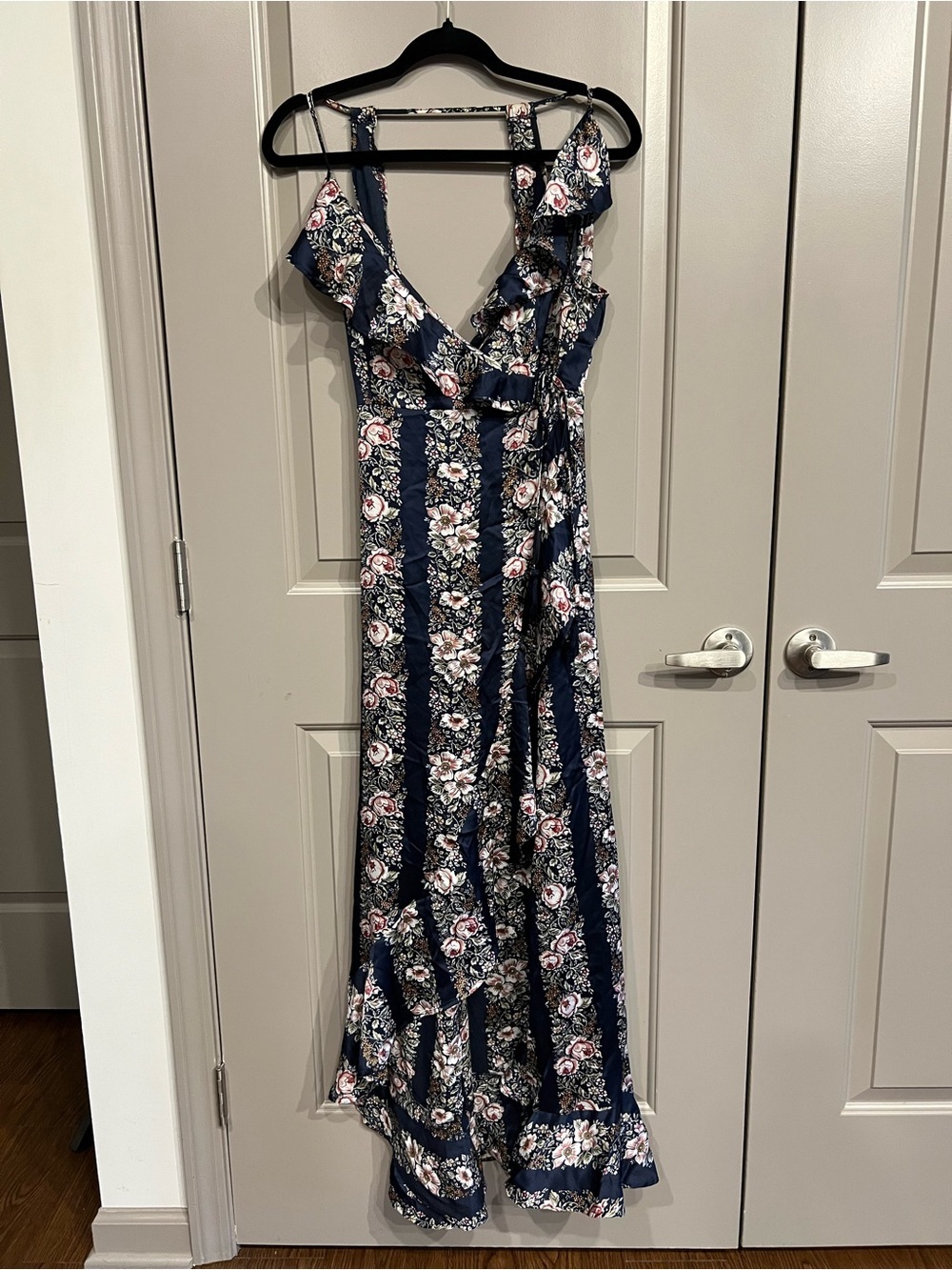 Navy Floral Ruffle Tie-Waist Maxi Dress